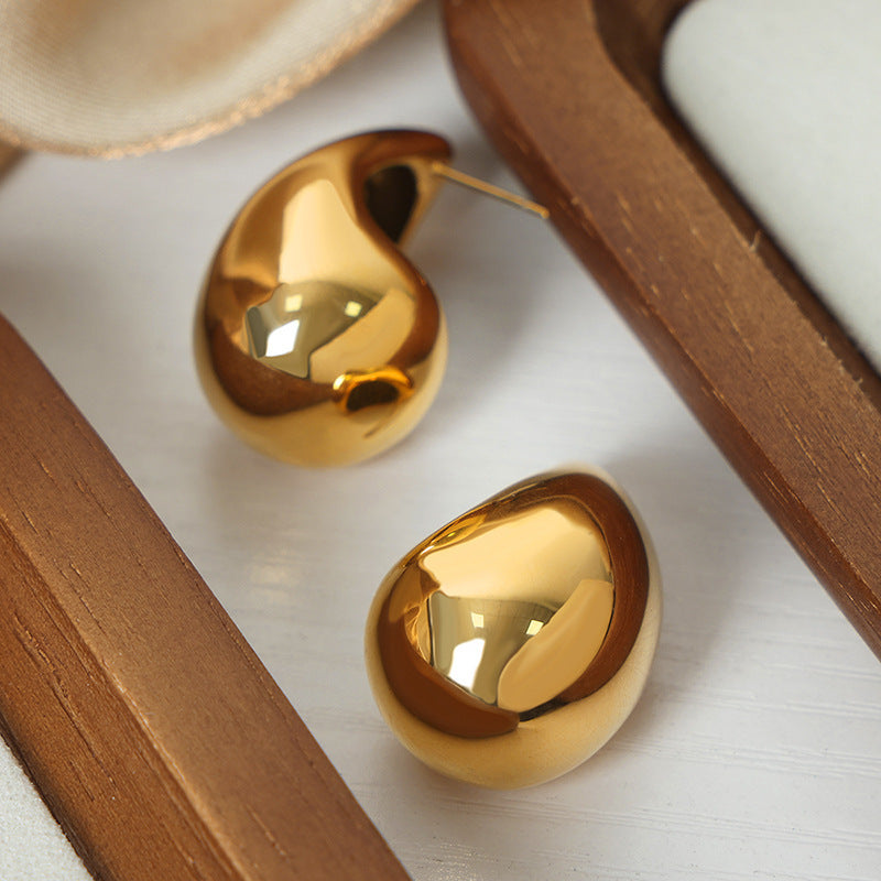 Simple Titanium Steel Gold Plated Water Drop Ear Studs Women