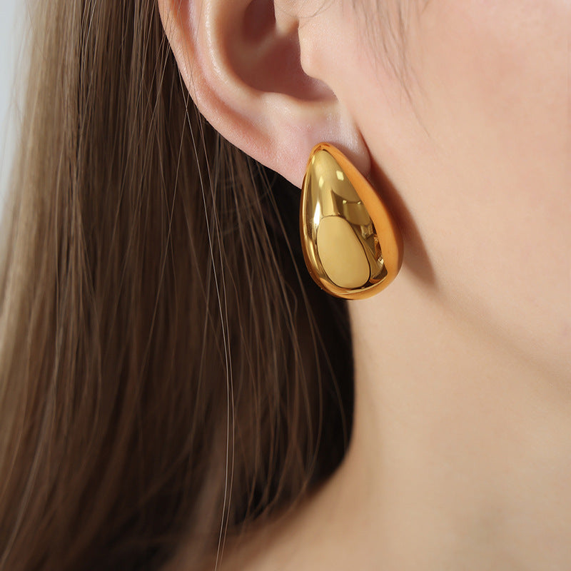 Simple Titanium Steel Gold Plated Water Drop Ear Studs Women