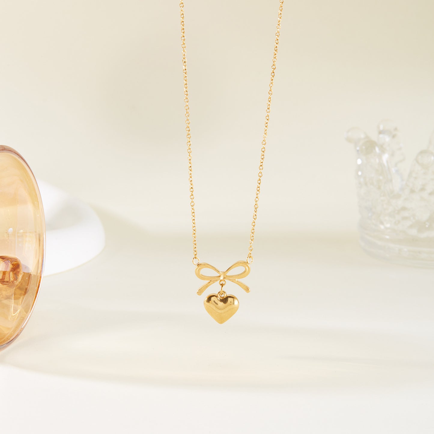 Love Heart Bow Charm Necklace
