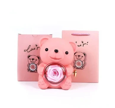 Eternal Rose Teddy Bear Gift Box with Necklace Rotating Rose Jewellery Box Valentine's Day Wedding Storage Box for Women Girlfriend