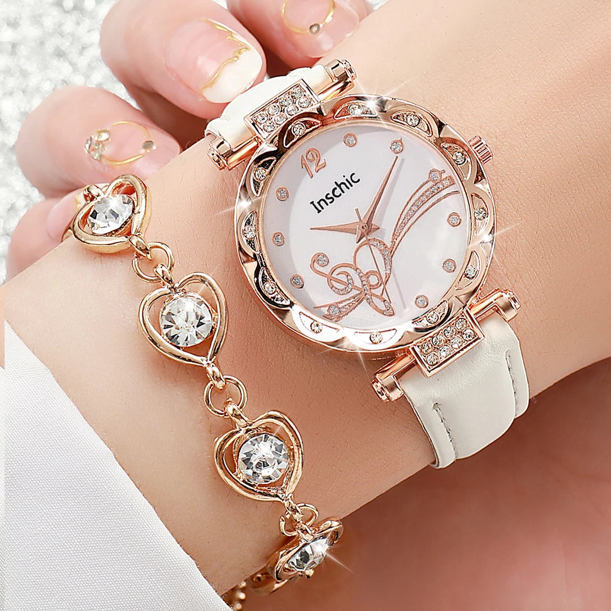 Fashion Rhinestone Women’s Watch & Jewelry Set – Leather Band.
