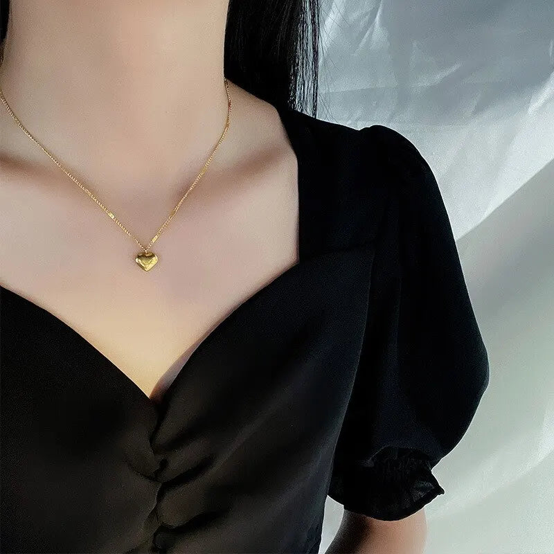 Gold Heart Necklace - Simple Engraved Love Chain for Women