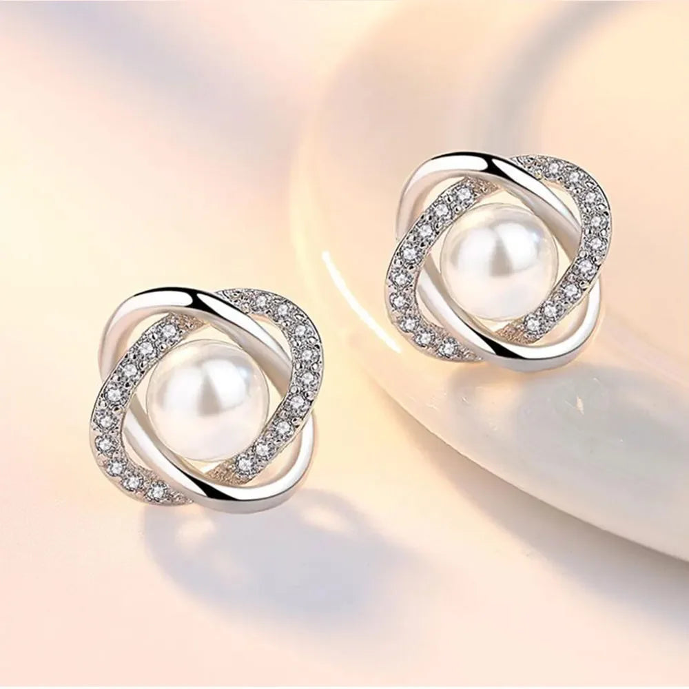 Stylish Pearl & Zircon Stud Earrings for Women