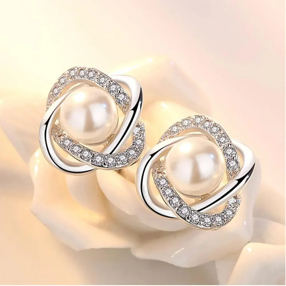 Stylish Pearl & Zircon Stud Earrings for Women