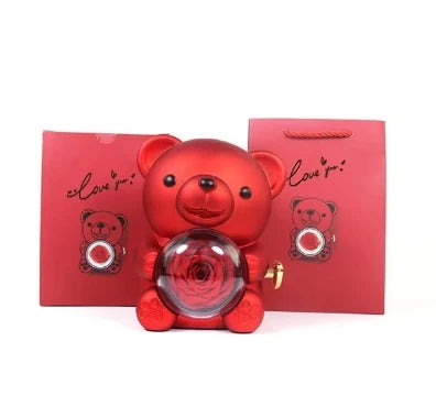 Eternal Rose Teddy Bear Gift Box with Necklace Rotating Rose Jewellery Box Valentine's Day Wedding Storage Box for Women Girlfriend