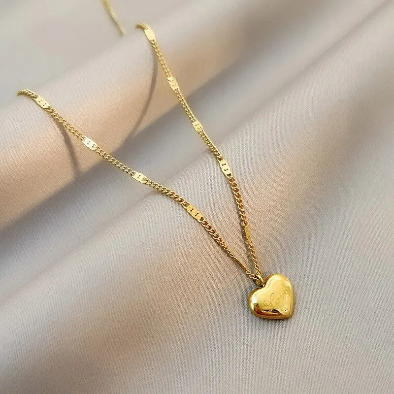 Gold Heart Necklace - Simple Engraved Love Chain for Women