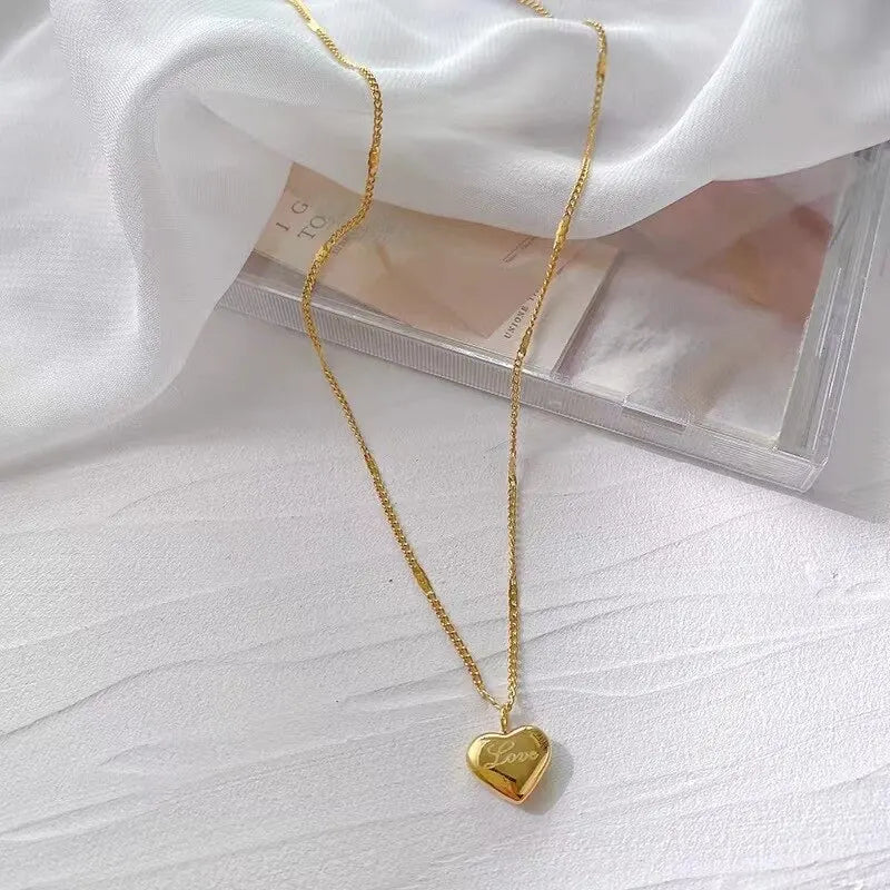 Gold Heart Necklace - Simple Engraved Love Chain for Women