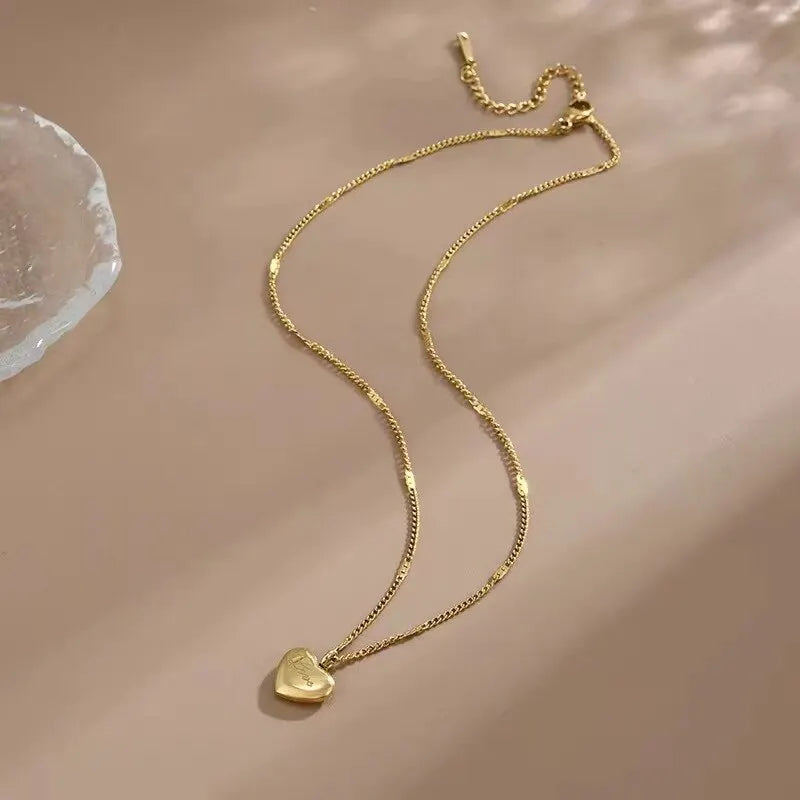 Gold Heart Necklace - Simple Engraved Love Chain for Women