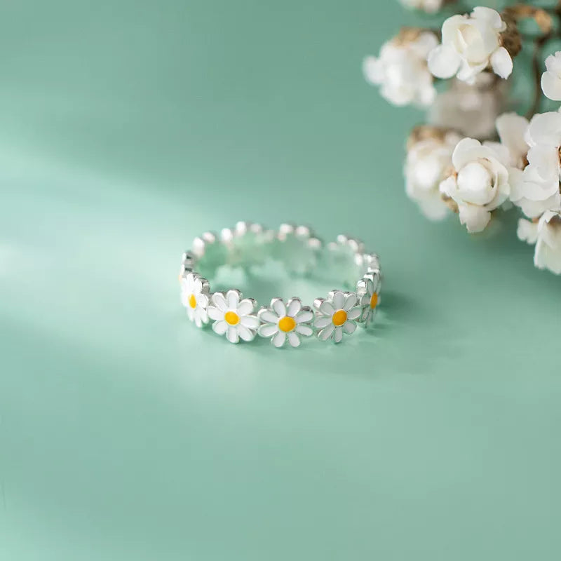 Sterling Silver Daisy Ring - Enamel Gift Jewelry