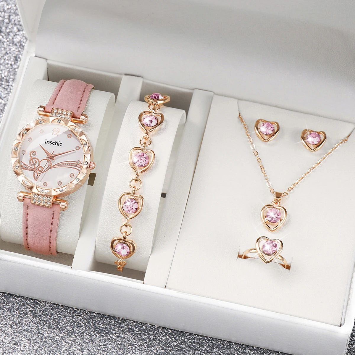 Fashion Rhinestone Women’s Watch & Jewelry Set – Leather Band.
