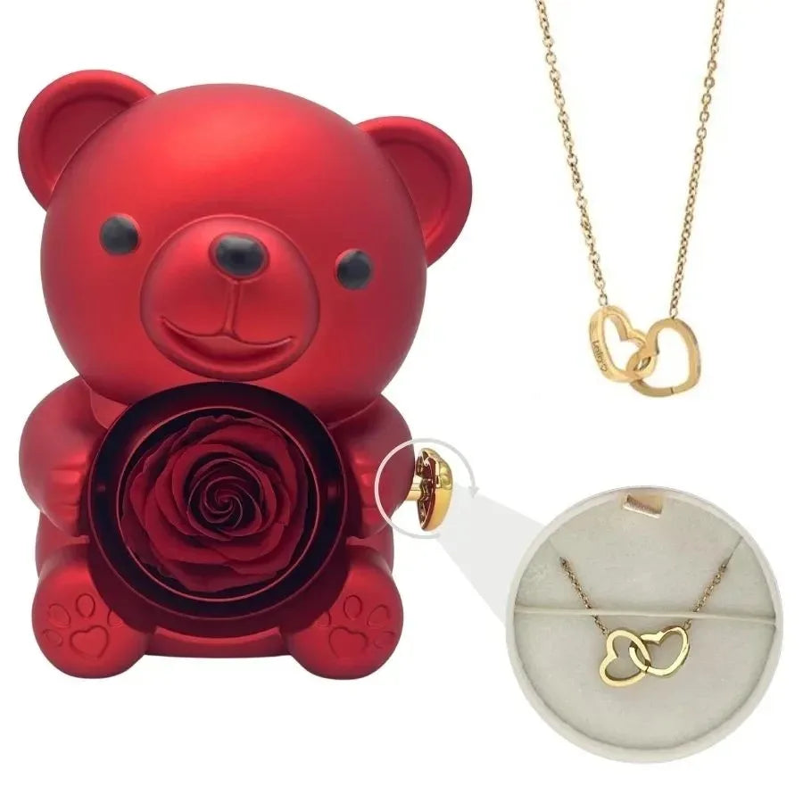 Eternal Rose Teddy Bear Gift Box with Necklace Rotating Rose Jewellery Box Valentine's Day Wedding Storage Box for Women Girlfriend