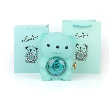 Eternal Rose Teddy Bear Gift Box with Necklace Rotating Rose Jewellery Box Valentine's Day Wedding Storage Box for Women Girlfriend