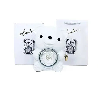 Eternal Rose Teddy Bear Gift Box with Necklace Rotating Rose Jewellery Box Valentine's Day Wedding Storage Box for Women Girlfriend