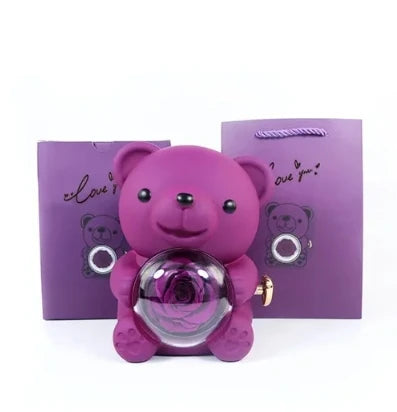 Eternal Rose Teddy Bear Gift Box with Necklace Rotating Rose Jewellery Box Valentine's Day Wedding Storage Box for Women Girlfriend