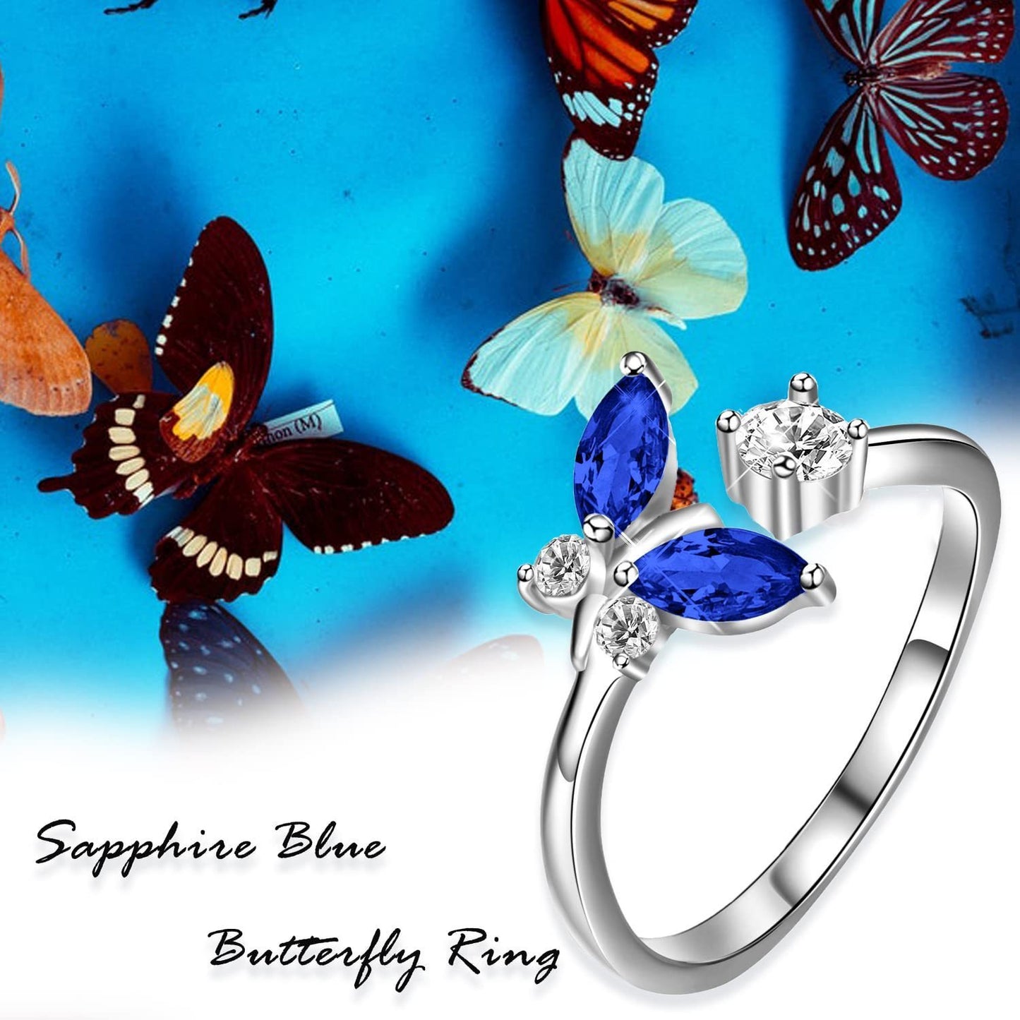 Butterfly Crystal Ring – Sterling Silver & Sapphire Blue