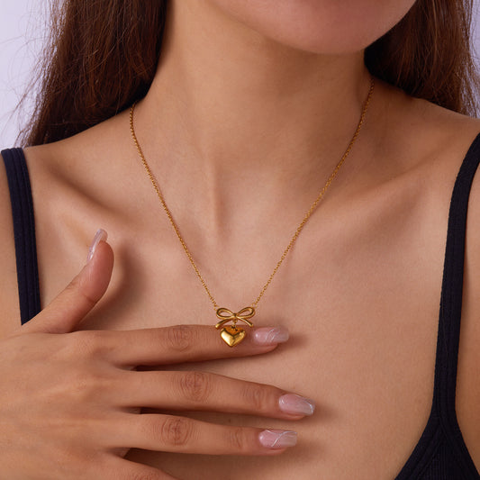Love Heart Bow Charm Necklace