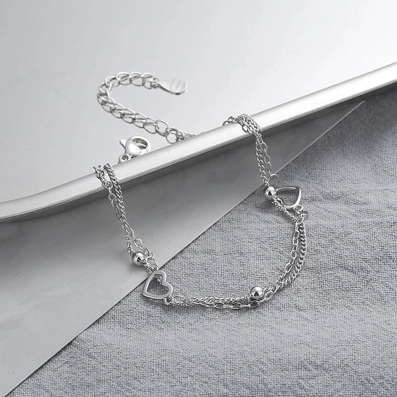 Romantic Sterling Silver Bracelet with Heart and Bead Charms