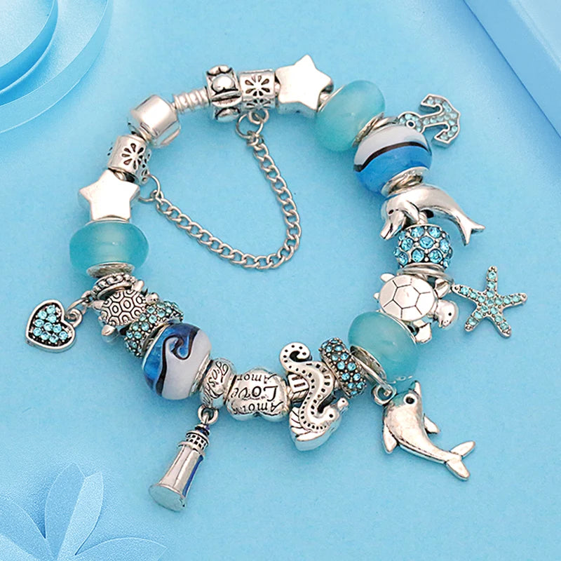 Blue Murano Dolphin Bracelet - Women's Jewelry**