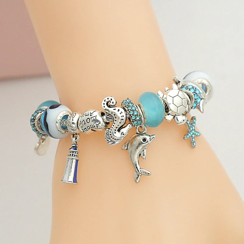 Blue Murano Dolphin Bracelet - Women's Jewelry**