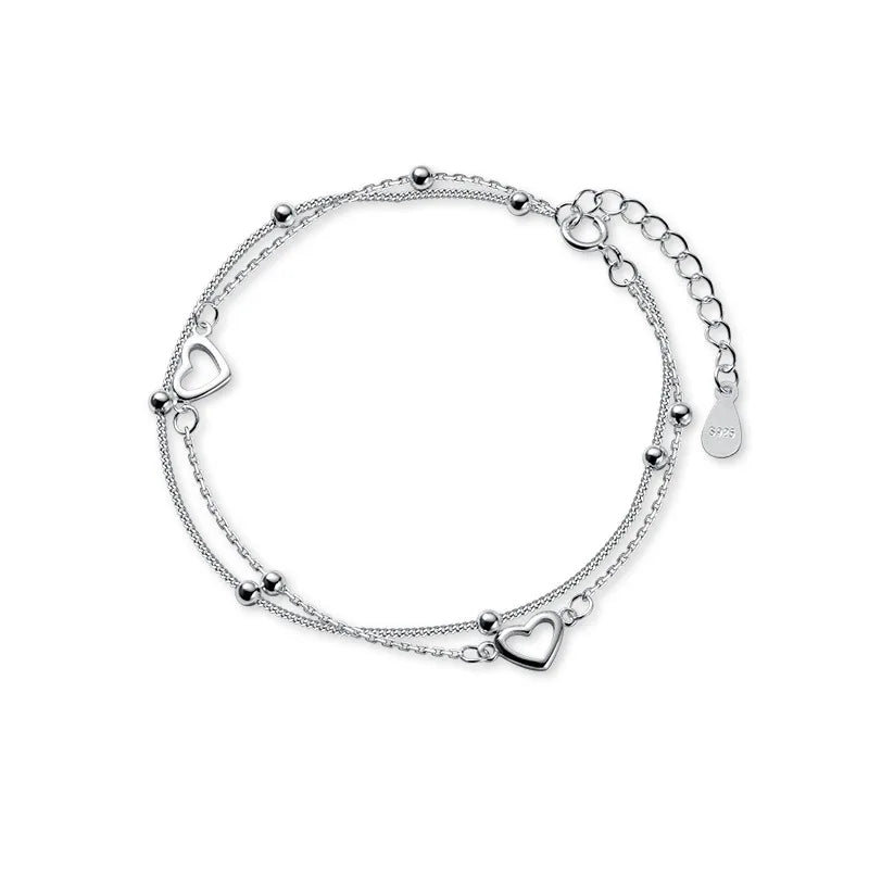 Romantic Sterling Silver Bracelet with Heart and Bead Charms