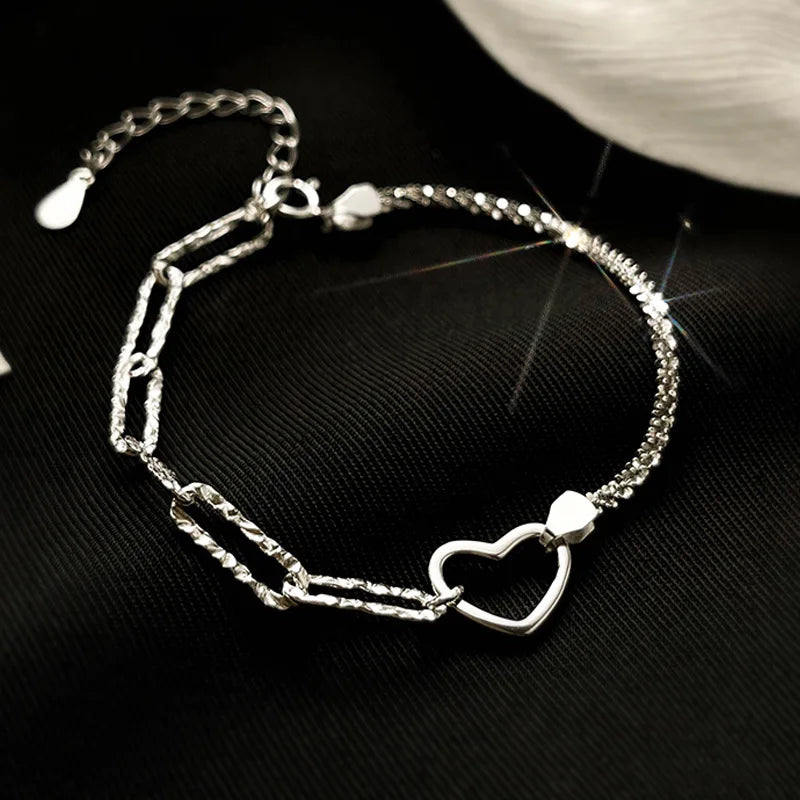 Romantic Sterling Silver Bracelet with Heart and Bead Charms