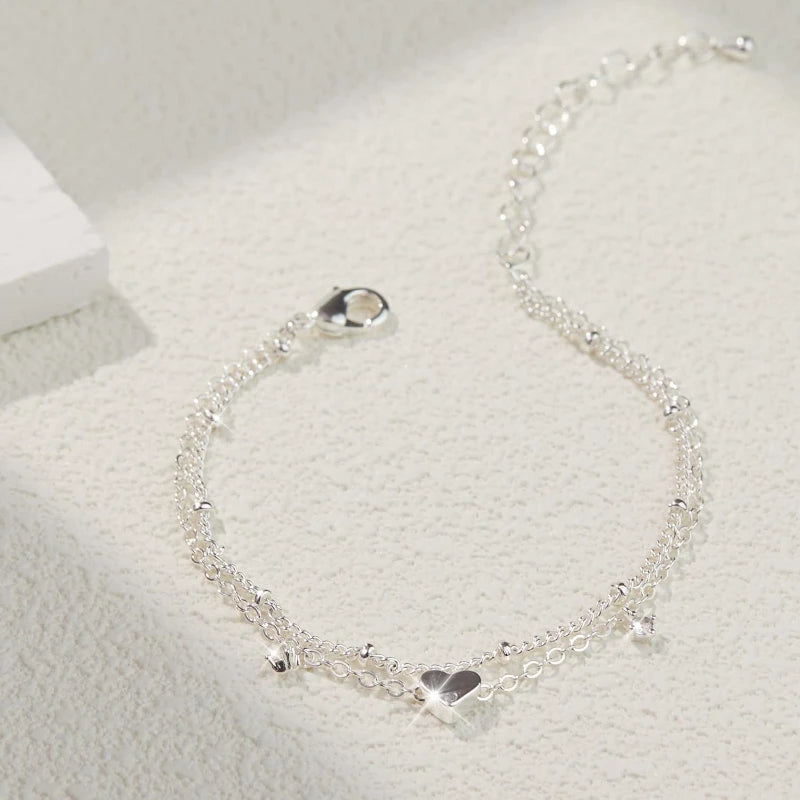 Dainty Silver-Plated Heart Charm Anklet Set for Women & Girls