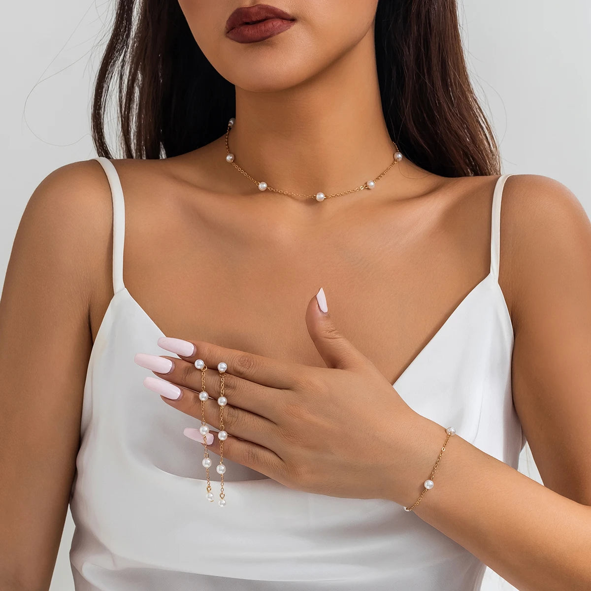 Women's Pearl Jewelry Set – Classic Choker & Bangle Combo