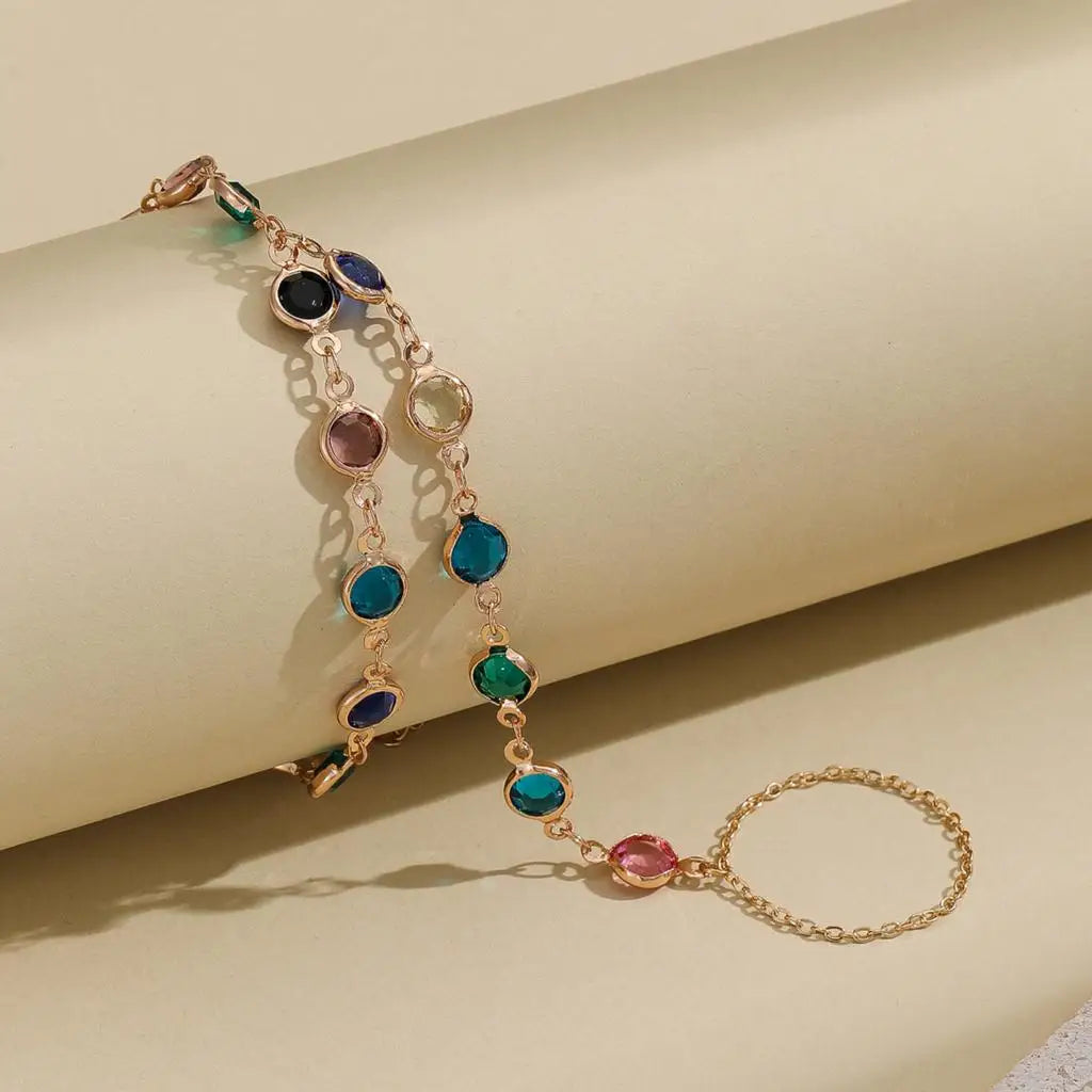 Colorful crystal chain bracelet with finger ring