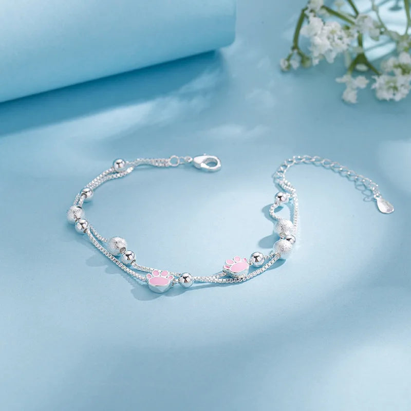 Romantic Sterling Silver Bracelet with Heart and Bead Charms