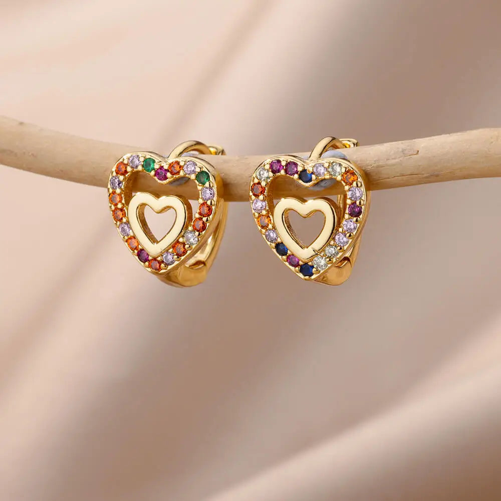 Gold-Plated Heart Hoop Earrings - Trendy Stainless Steel