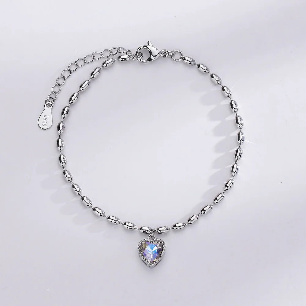 Romantic Sterling Silver Bracelet with Heart and Bead Charms