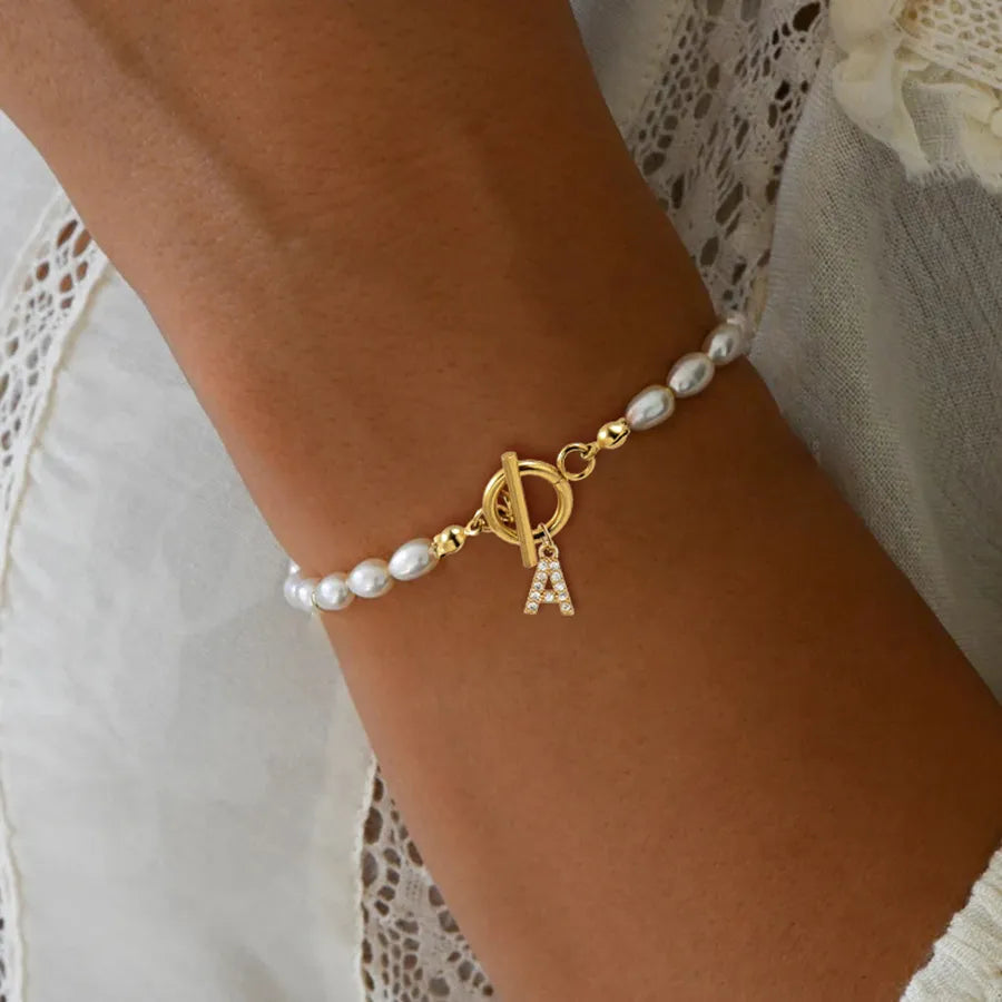 Trendy Pave Zircon Initial Bracelet with Pearls