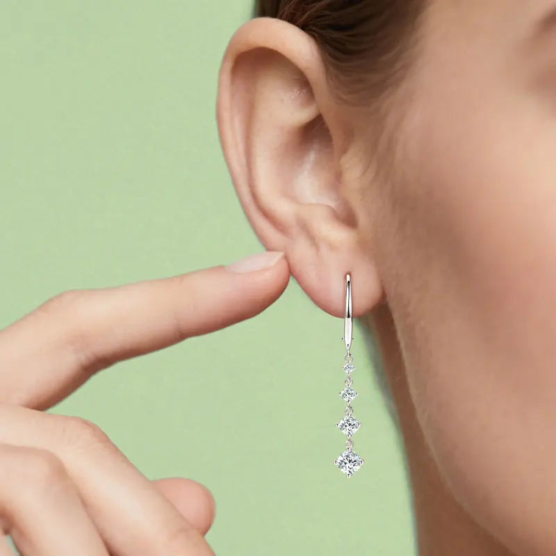 Sterling Silver Long Moissanite Dangle Earrings