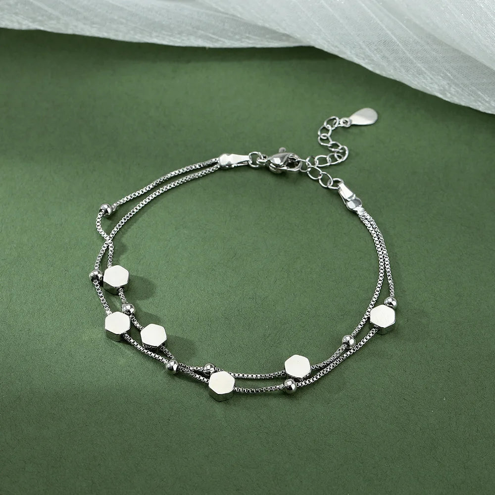 Romantic Sterling Silver Bracelet with Heart and Bead Charms