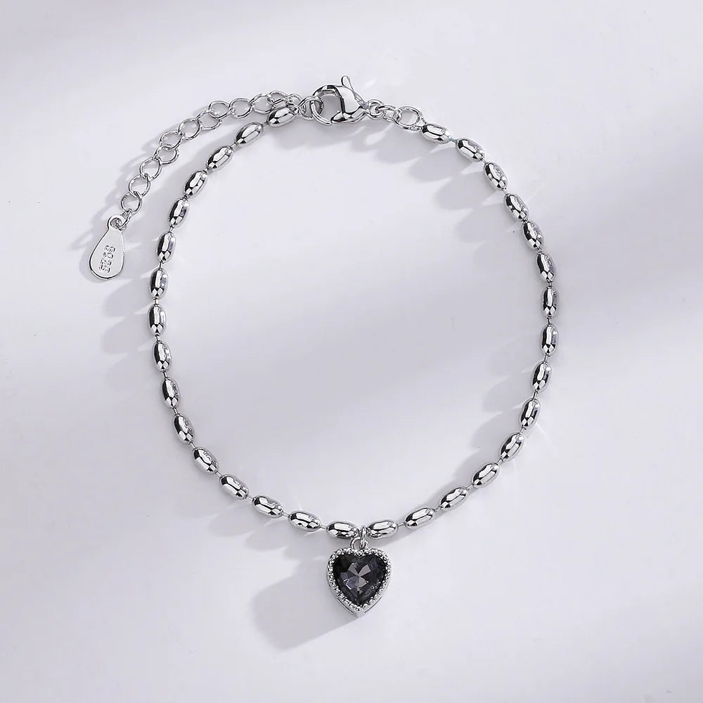 Romantic Sterling Silver Bracelet with Heart and Bead Charms