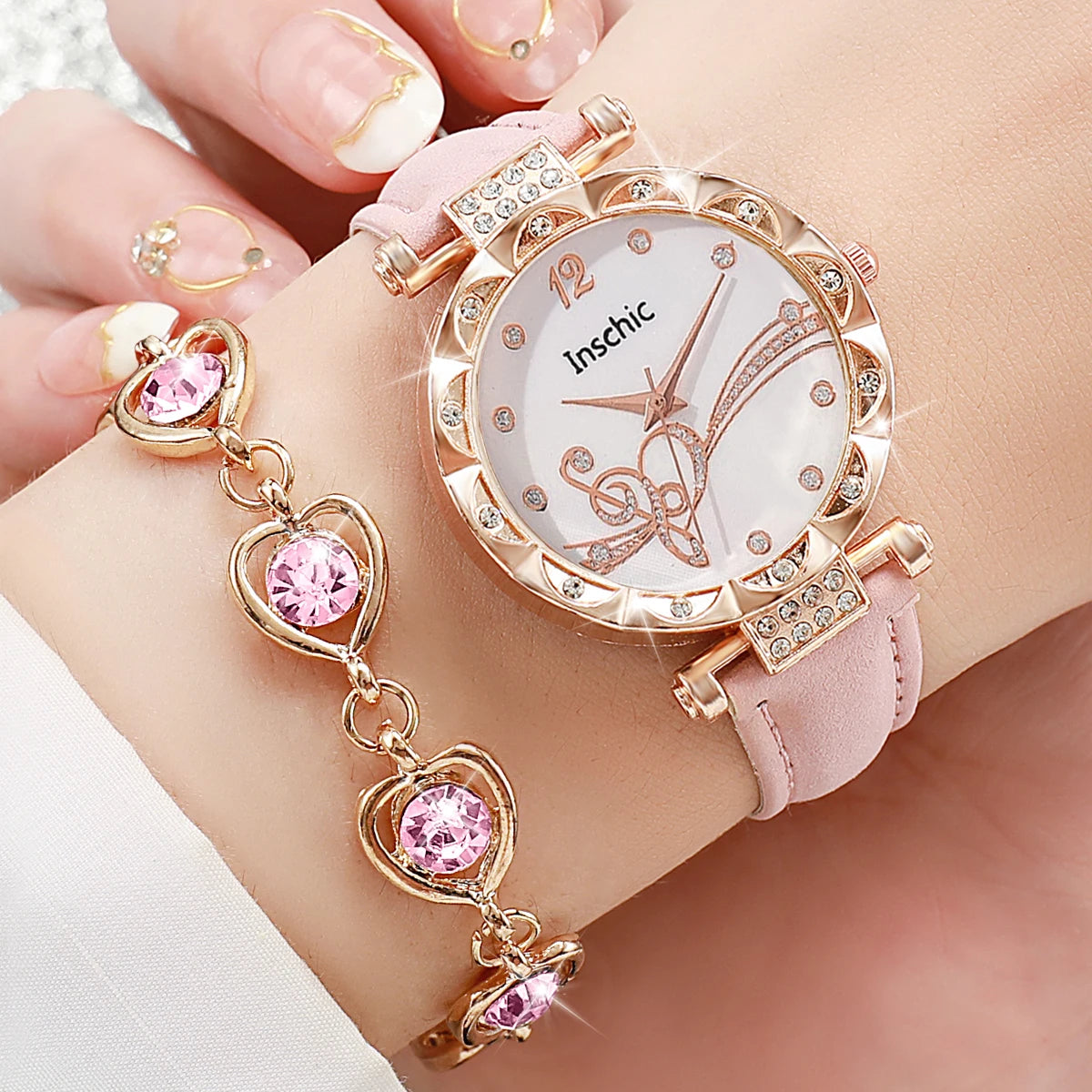 Fashion Rhinestone Women’s Watch & Jewelry Set – Leather Band.