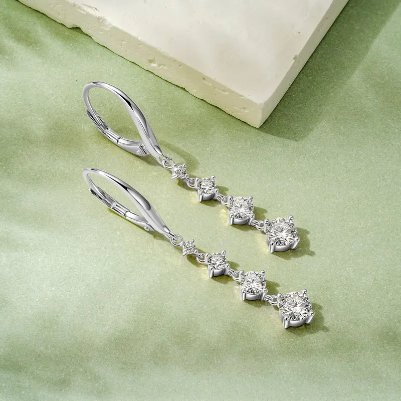 Sterling Silver Long Moissanite Dangle Earrings