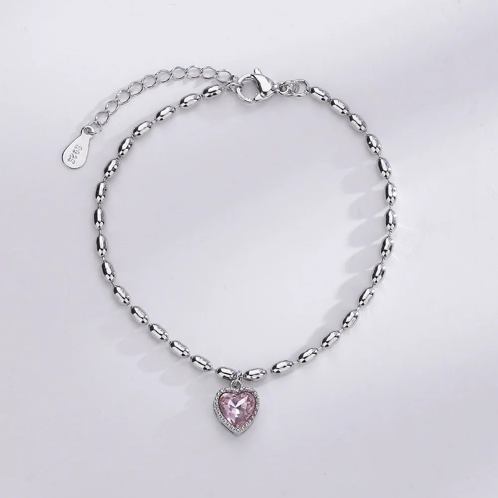 Romantic Sterling Silver Bracelet with Heart and Bead Charms